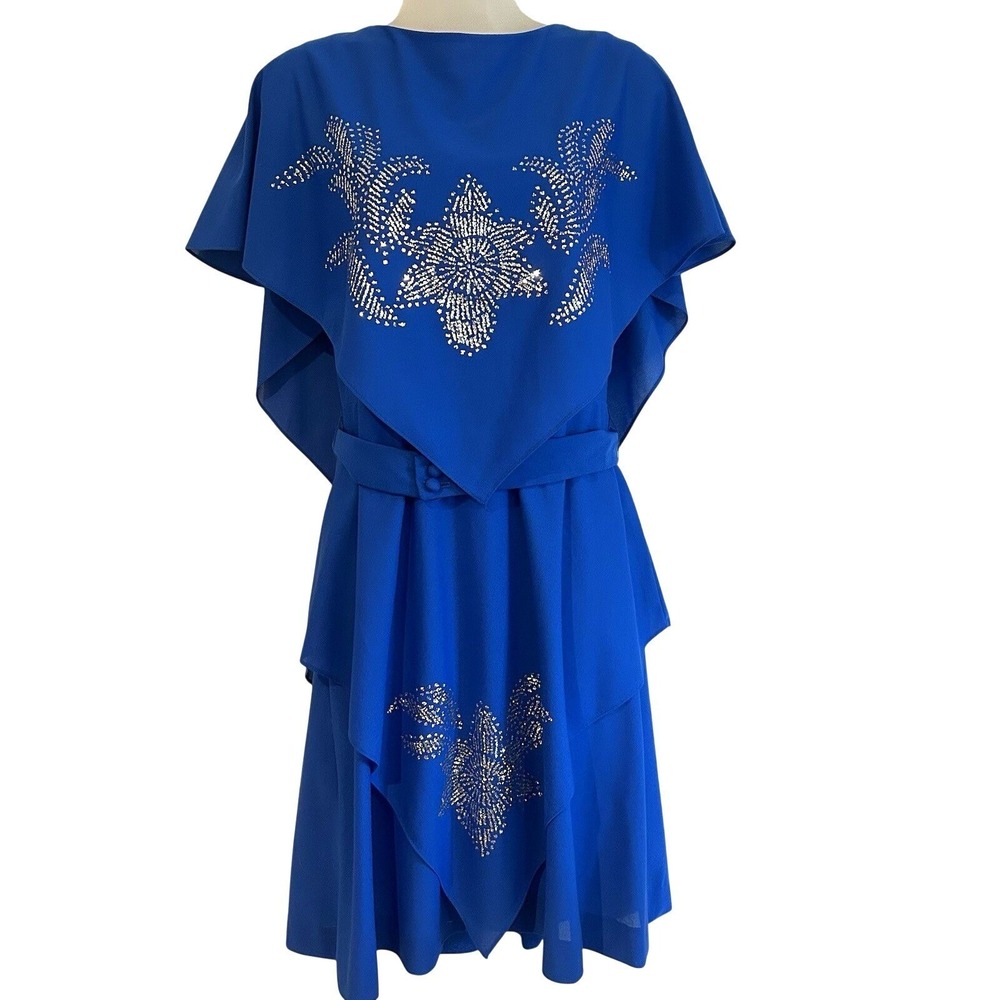 Vtg Gilberti 80's Midi Dress Sz S Whimsical Celestial Cobalt Blue Fairy Sparkle